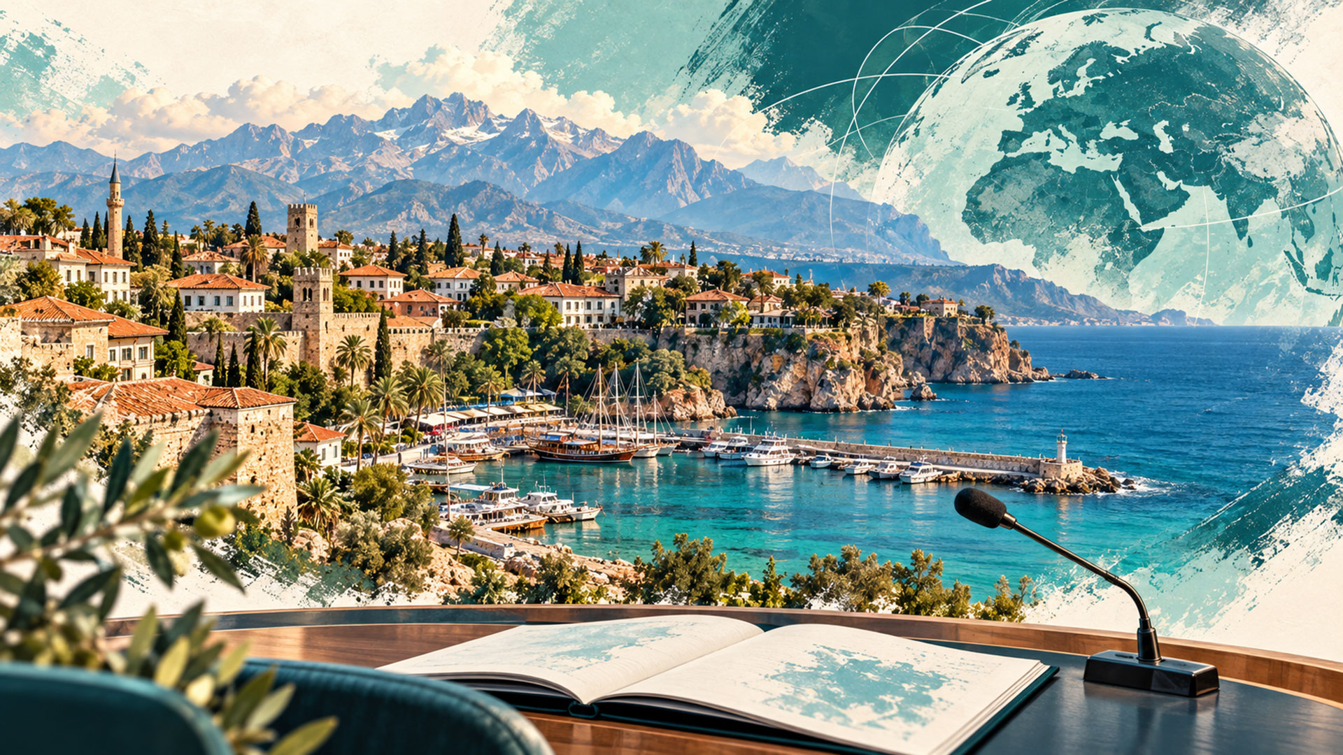 Antalya kıyısı ve limanını dünya, açık rapor ve konferans mikrofonuyla birleştiren COP31 temalı illüstrasyon.