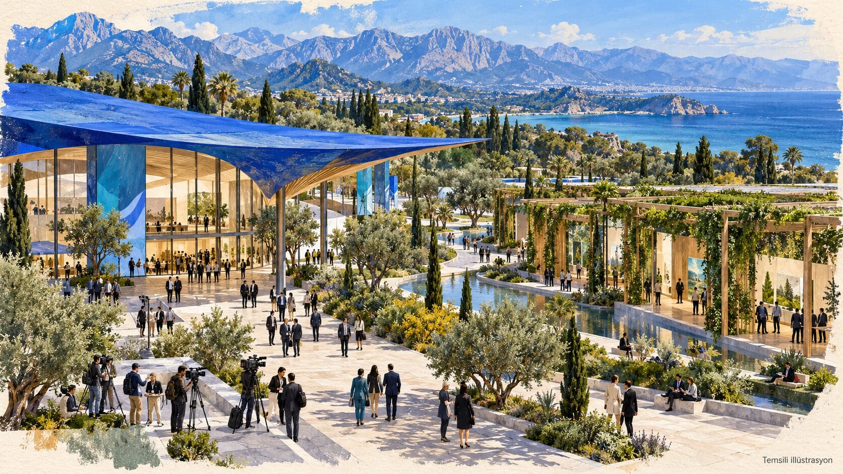 COP31’in Mavi ve Yeşil Bölge işlevlerini temsil eden konferans yapıları, gazeteciler ve ziyaretçiler