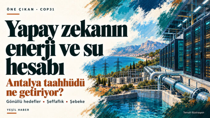 COP31 Antalya Yapay Zeka Taahhüdünü anlatan, sunucular, soğutma altyapısı ve elektrik şebekesinin birlikte gösterildiği illüstrasyon. COP31 Antalya Yapay Zeka Taahhüdünü anlatan, sunucular, soğutma altyapısı ve elektrik şebekesinin birlikte gösterildiği illüstrasyon.