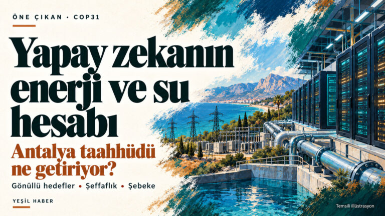 COP31 Antalya Yapay Zeka Taahhüdü: Enerji ve su için kim neyi açıklayacak? COP31 Antalya Yapay Zeka Taahhüdünü anlatan, sunucular, soğutma altyapısı ve elektrik şebekesinin birlikte gösterildiği illüstrasyon.