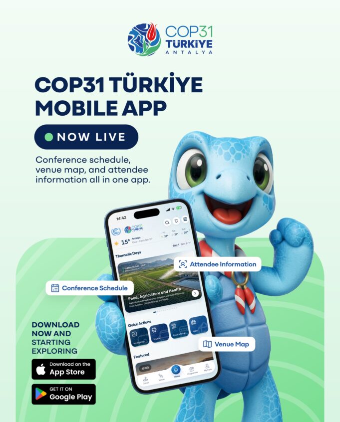 cop31-mobil-uygulama-ozgun-afis COP31 Türkiye resmî mobil uygulamasının program, alan haritası ve katılımcı bilgilerini tanıtan kaplumbağa maskotlu özgün afişi