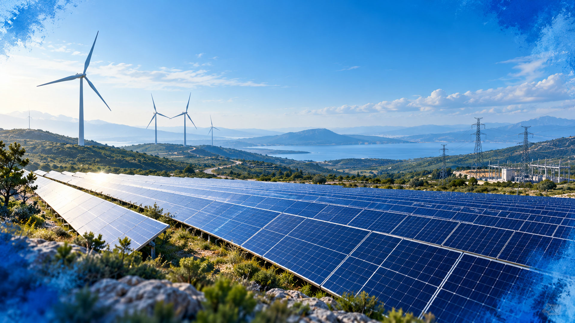 Yenilenebilir enerji yatırımlarını temsil eden güneş panelleri, rüzgar türbinleri ve elektrik iletim altyapısı.