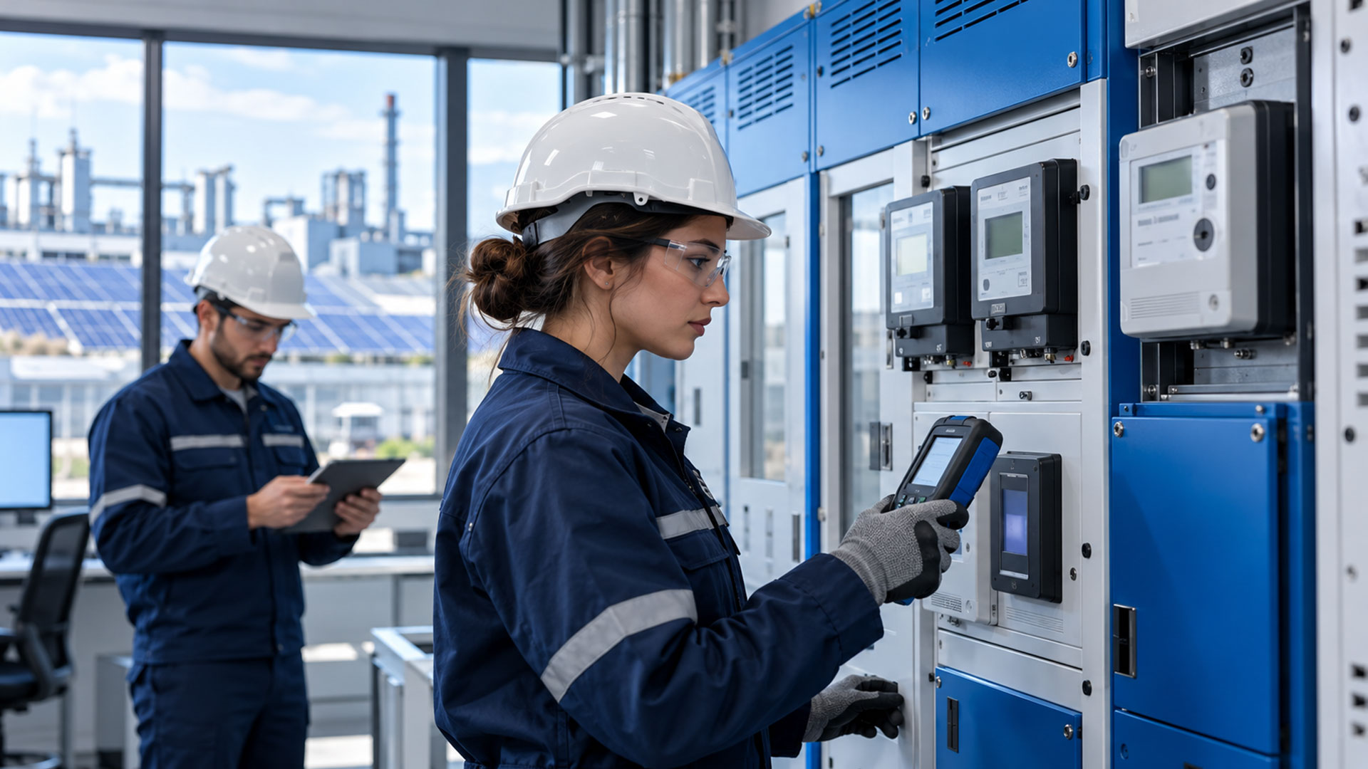 Sanayi tesisinde enerji sayaçlarını kontrol eden ve ölçüm verilerini tabletle kaydeden mühendisler.
