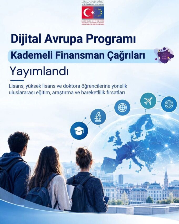 dijital-avrupa-ogrenci-finansman-cagrilari AB Başkanlığının Dijital Avrupa Programı kapsamında öğrencilere yönelik kademeli finansman çağrılarını duyuran özgün afişi