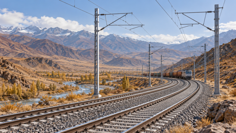 Demiryolu elektrifikasyonunu temsil eden raylar, katener hatları ve dağlık vadi illüstrasyonu.