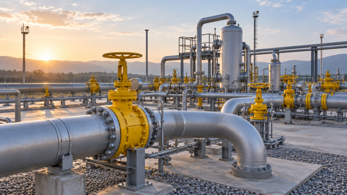 Doğal gaz piyasa kuralları — temsili illüstrasyon Boru hatları ve sarı vanalarla temsili doğal gaz ölçüm istasyonu.