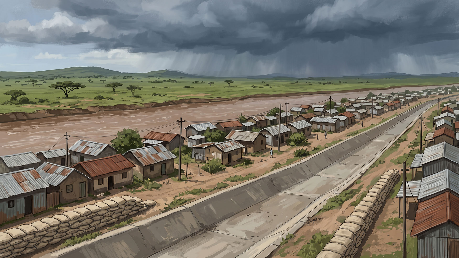 Doğu Afrika'da yükselmiş bir nehrin kıyısındaki teneke çatılı yerleşim, temizlenmiş beton drenaj kanalı, kum torbaları ve ufukta toplanan koyu yağmur bulutları illüstrasyonu