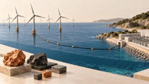 Rüzgar türbinleri, elektrik bağlantısı ve mineral örneklerinden oluşan kavramsal enerji modeli.