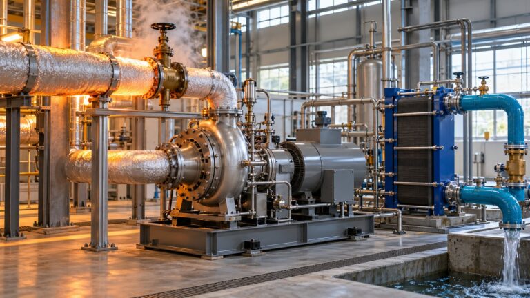 Ekserji nedir? 100 kWh ısıdan 25 kWh iş hesaplama örneği Ekserji ve ısının iş potansiyelini temsil eden endüstriyel test düzeneği; yalıtımlı sıcak borular, türbin jeneratör ve mavi soğutma devreli eşanjör.