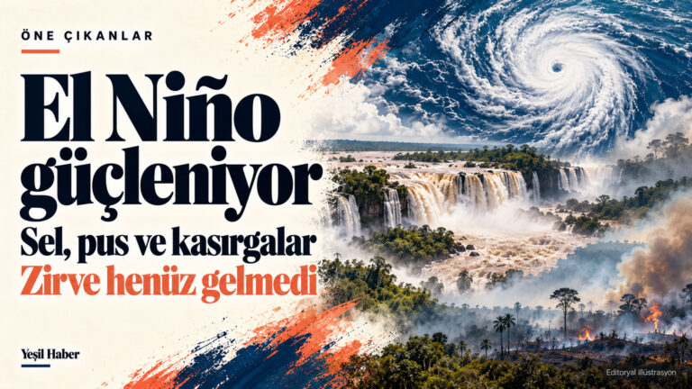 El Niño’nun küresel etkileri: Iguazú’dan Doğu Afrika’ya riskler El Niño güçleniyor, sel, pus ve kasırgalar, zirve henüz gelmedi yazılı Yeşil Haber Öne Çıkanlar kapak görseli; uzaydan görülen kasırga, taşkın halindeki şelale ve yangın dumanı.