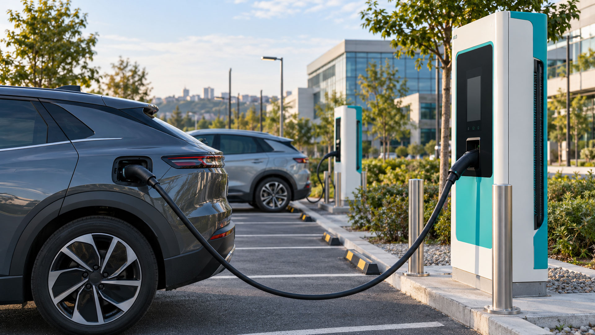 Açık otoparkta hızlı şarj istasyonlarına bağlı elektrikli otomobillerin temsili görünümü.