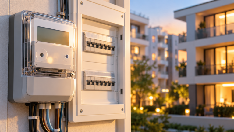 Elektrik dağıtımında Ar-Ge bütçesi oranı yüzde 2 oldu Apartmanlar önünde temsili elektrik sayacı ve dağıtım panosu.