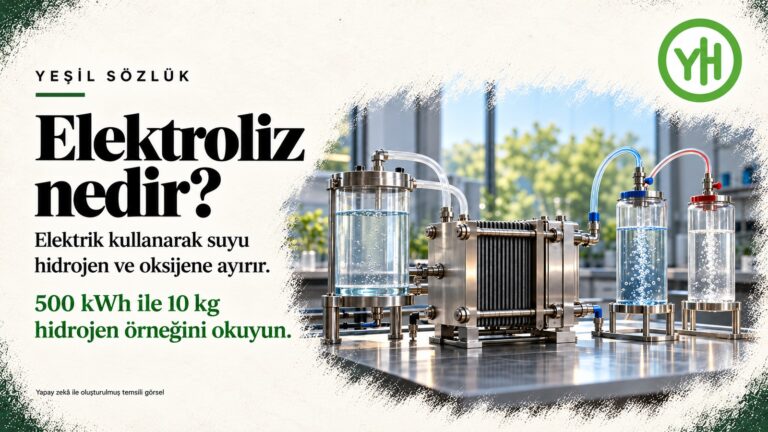 Elektroliz nedir başlığı, elektrikle suyun hidrojen ve oksijene ayrılmasını açıklayan tanım, 500 kWh ile 10 kg hidrojen örneğine okuma çağrısı ve YH işareti içeren yatay Yeşil Sözlük kapağı; sağda laboratuvar tezgâhında su deposu, metal plakalı elektrolizör ve ayrı gaz toplama kapları görülüyor.