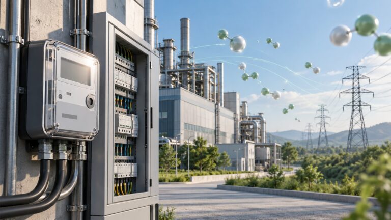 Emisyon faktörü nedir? 1.000 kWh ile 400 kg CO₂e hesabı Emisyon faktörü hesabını temsil eden elektrik sayacı, fabrika ve şebeke bağlantısının yer aldığı kavramsal görsel