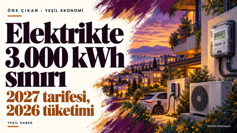Elektrikte 2027 için 3.000 kWh sınırını anlatan, konut, elektrik sayacı, ısı pompası ve araç şarjı illüstrasyonu.