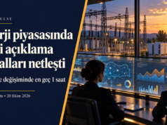 EPDK piyasa verileri kapağında bir saatlik açıklama süresi ve Resmî Gazete tarihi; sağda temsili enerji veri merkezi.