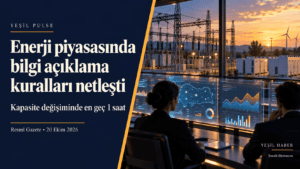 EPDK piyasa verileri kapağında bir saatlik açıklama süresi ve Resmî Gazete tarihi; sağda temsili enerji veri merkezi.