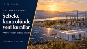 900 kW ve üzeri lisanssız tesislerde şebeke kontrolü başlığıyla güneş panelleri, trafo merkezi ve batarya kabinlerini gösteren temsili illüstrasyon.