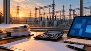 Finansal evrak ve hesap makinesi bulunan masanın arkasında elektrik trafo merkezi; temsili illüstrasyon.