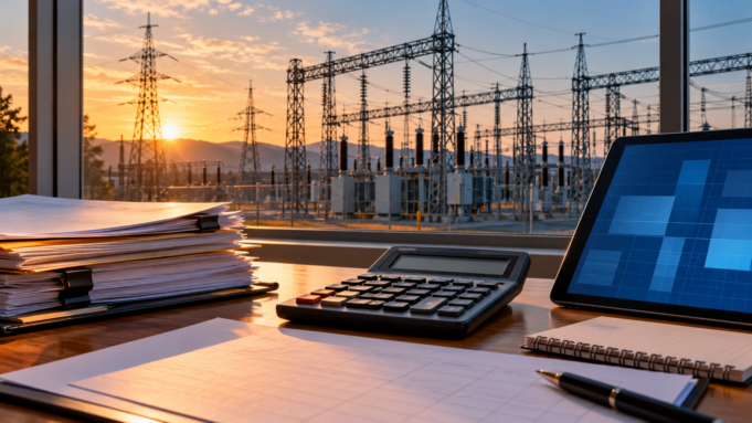 EPDK, teminat ve temerrüt borcunda işlem koşullarını düzenledi — kapak Finansal evrak ve hesap makinesi bulunan masanın arkasında elektrik trafo merkezi; temsili illüstrasyon.