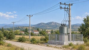 Elektrik dağıtım direklerini, hatları ve küçük bir trafo tesisini gösteren temsili illüstrasyon.