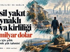 Fosil yakıt kaynaklı hava kirliliği: Türkiye için yıllık 55 milyar dolar yük tahmini “Fosil yakıt kaynaklı hava kirliliği 55 milyar dolar, Türkiye için yıllık ekonomik yük tahmini” yazılı kapak; çocuğuyla yürüyen baba, pus altında bacalardan duman yükselen kent, rüzgar türbinleri ve güneş panelleri.