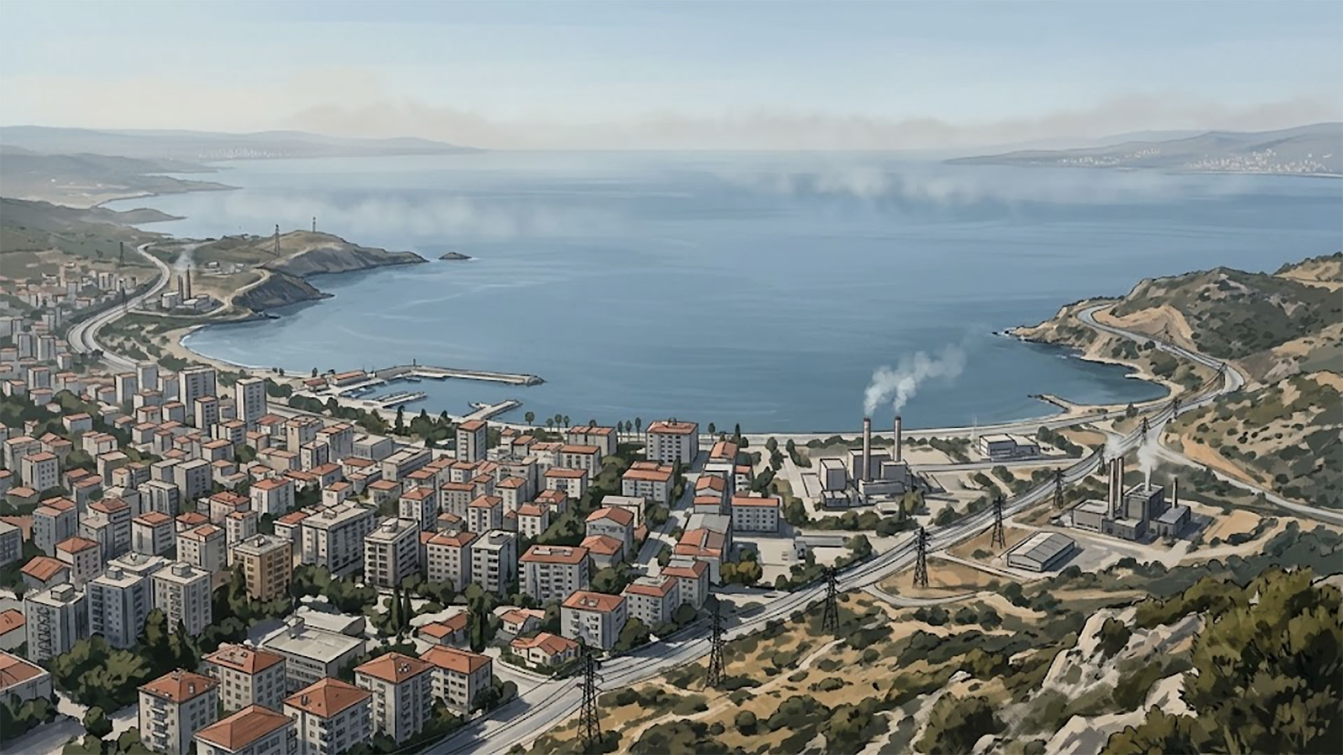 Yüksekten görülen kıyı kenti, liman ve körfez; kıyıdaki santral bacalarından yükselen duman denizin üzerinde pus olarak yayılıyor.
