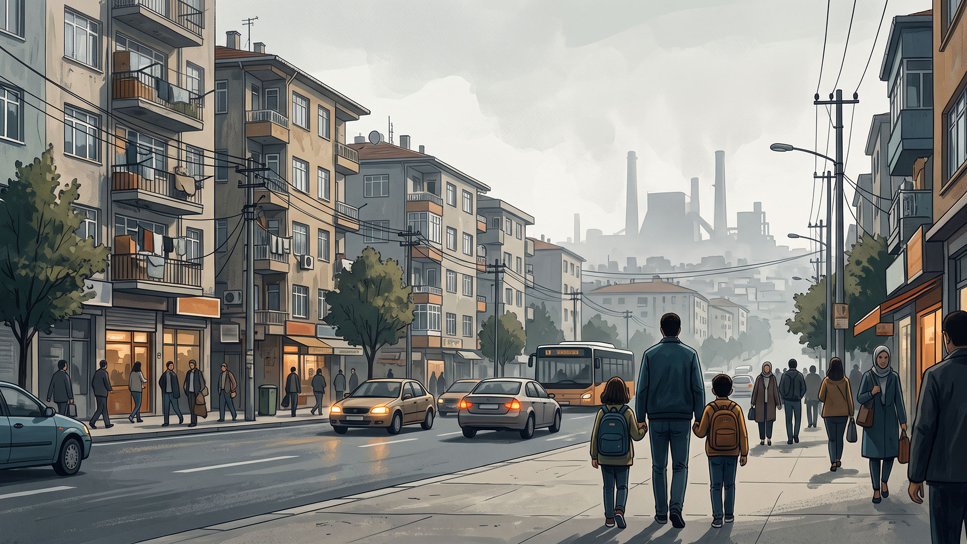 Apartmanlarla çevrili bir kent caddesinde iki çocuğuyla yürüyen baba, otobüs ve arabalar; arka planda pus içinde bacaları görünen sanayi tesisleri.