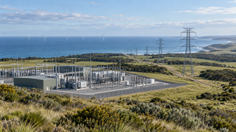 ACCIONA, Gippsland’ın 2 GW bağlantısına ortak seçildi Kıyıdaki terminal istasyonu ve iletim hattıyla denizüstü rüzgar bağlantısını gösteren temsili illüstrasyon.