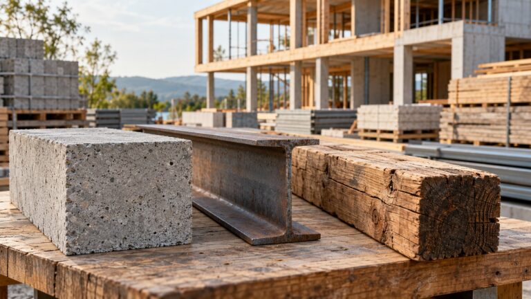 İnşaat alanındaki ahşap tezgâhta beton blok, çelik profil ve yeniden kullanılmış ahşap kiriş; arka planda yapım aşamasındaki bina.