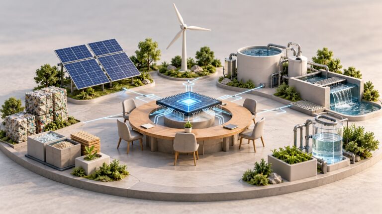 GreenWise, temiz teknoloji inisiyatifini COP31’de 16 Kasım’da başlatmayı planlıyor Yapay zekâ çipi, iş birliği masası ve temiz teknoloji modellerini gösteren temsili illüstrasyon.