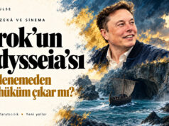 Elon Musk portresi ve kayalık kıyıya yaklaşan antik gemiyle Grok’un Odysseia yapımını konu alan editoryal illüstrasyon.