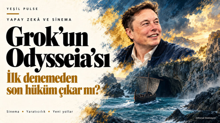 Grok’un Odysseia’sı yayımlandı: İlk denemeden son hüküm çıkar mı? Elon Musk portresi ve kayalık kıyıya yaklaşan antik gemiyle Grok’un Odysseia yapımını konu alan editoryal illüstrasyon.
