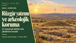 Gürün RES’in 11 numaralı türbini için arkeolojik koruma koşulunu anlatan, tümülüs ve rüzgâr türbinleri görselli Yeşil Pulse kapağı.