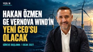 Hakan Özmen’in rüzgâr türbinleriyle hazırlanmış editoryal kolajı; GE Vernova Wind CEO’luğu için 1 Ocak 2027 tarihi.