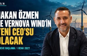 Hakan Özmen’in rüzgâr türbinleriyle hazırlanmış editoryal kolajı; GE Vernova Wind CEO’luğu için 1 Ocak 2027 tarihi.