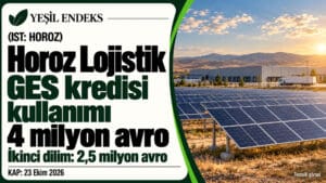 Horoz Lojistik’in GES kredisi kullanımı 4 milyon avroya ulaştı Horoz Lojistik GES kredisi kullanımının 4 milyon avroya ulaştığını aktaran Yeşil Endeks kapağı.