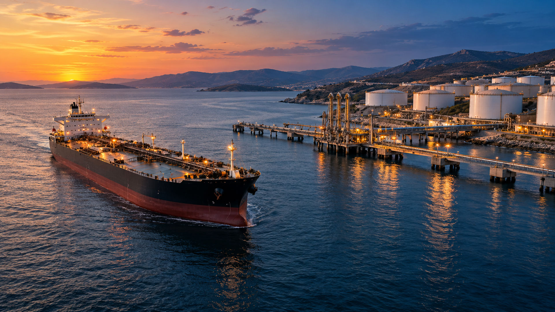 Gün batımında kıyıdaki petrol depolama tankları ve yükleme iskelesi yakınında bir petrol tankeri.