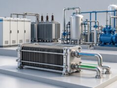 IEA: Çin elektrolizörünün maliyet avantajı tesiste daralıyor Elektrolizör hücre grubu, elektrik ekipmanları ve yardımcı tesis bileşenlerini gösteren yapay zekâ üretimi temsili maket.