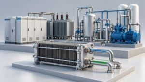 IEA: Çin elektrolizörünün maliyet avantajı tesiste daralıyor Elektrolizör hücre grubu, elektrik ekipmanları ve yardımcı tesis bileşenlerini gösteren yapay zekâ üretimi temsili maket.