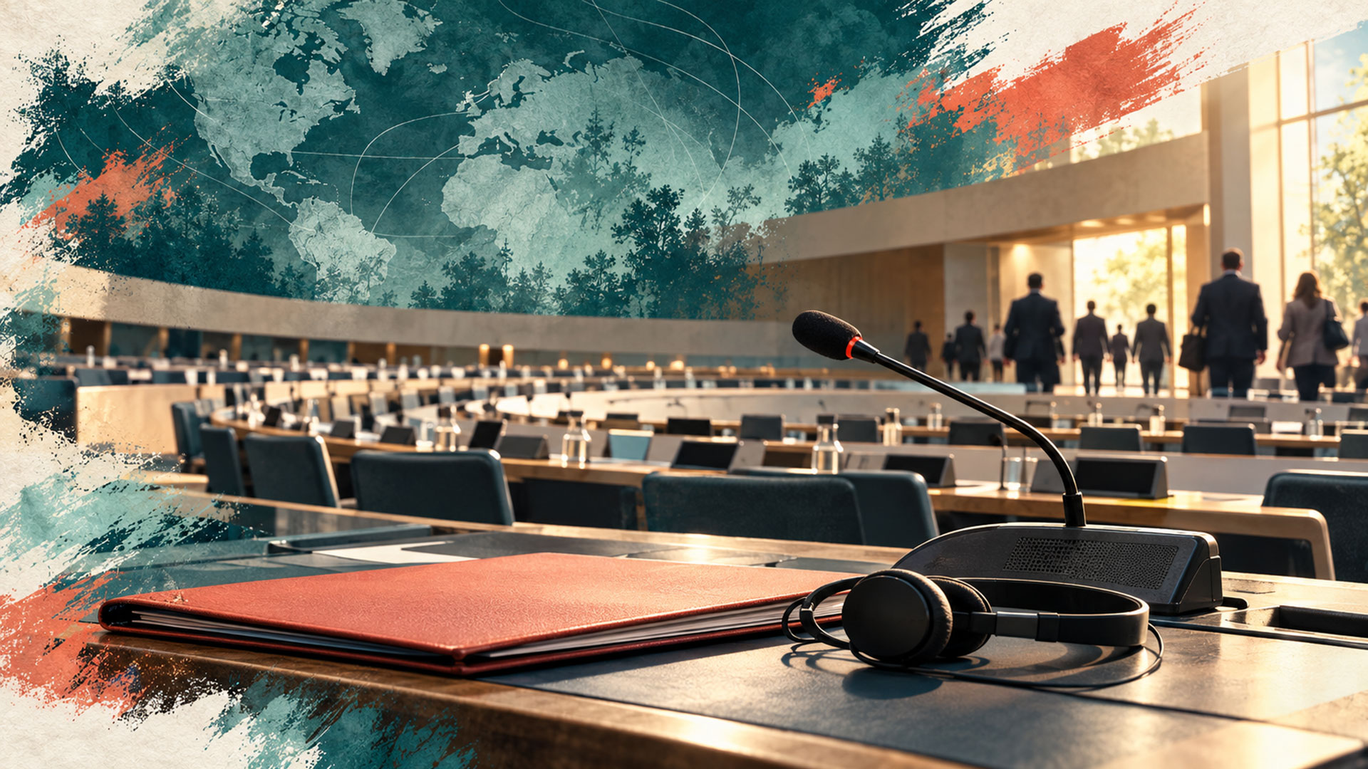 Boşalan toplantı salonunda mikrofon, tercüme kulaklığı ve dosyayla IPCC oturumunun askıya alınmasını betimleyen illüstrasyon.