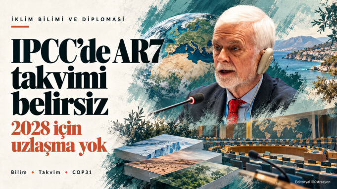 IPCC Başkanı Jim Skea, toplantı salonu, iklim raporları ve dünya görüntüsüyle AR7 takvim belirsizliğini anlatan kolaj. IPCC Başkanı Jim Skea, toplantı salonu, iklim raporları ve dünya görüntüsüyle AR7 takvim belirsizliğini anlatan kolaj.