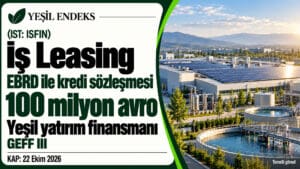 İş Leasing ve EBRD arasındaki 100 milyon avroluk yeşil kredi sözleşmesini anlatan, güneş panelleri ve su arıtma tesisi içeren Yeşil Endeks görseli.