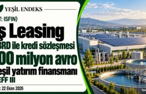 İş Leasing ve EBRD arasındaki 100 milyon avroluk yeşil kredi sözleşmesini anlatan, güneş panelleri ve su arıtma tesisi içeren Yeşil Endeks görseli.
