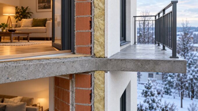 Isı köprüsü balkon birleşimi Dış duvar yalıtımını keserek iç mekândan balkona uzanan beton döşemenin kesiti; sıcak iç ortam ile kış koşullarındaki dış ortam arasında temsili ısı köprüsü detayı.