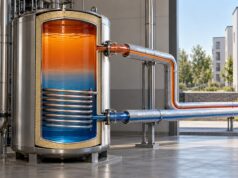 Isıl enerji depolama nedir? 100 kWh ısı ile 20 saat örneği Isıl enerji depolama için yalıtımlı su tankı kesiti ve binaya ısı taşıyan borular