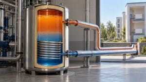 Isıl enerji depolama için yalıtımlı su tankı kesiti ve binaya ısı taşıyan borular