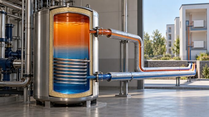 Isıl enerji depolama ve yalıtımlı ısı tankı Isıl enerji depolama için yalıtımlı su tankı kesiti ve binaya ısı taşıyan borular