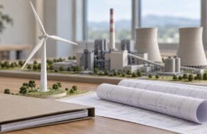 Kangal’da 55 MWm hibrit RES için ÇED süreci başladı Rüzgar türbini, termik santral maketi ve proje çizimleriyle yapay zeka üretimi temsili planlama sahnesi