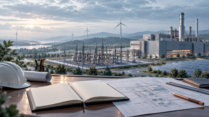 KİT 2027 enerji ve yatırım planlaması için temsili görsel Planlama defteri önünde sanayi tesisi, elektrik altyapısı, rüzgâr türbinleri ve güneş panellerini gösteren temsili illüstrasyon.